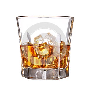 Glass of scotch whiskey with ice cube isolated on white