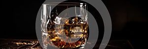 Glass of scotch whiskey and ice on wooden table against black background