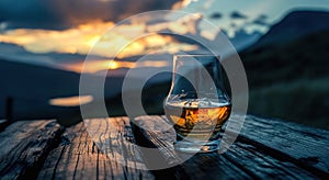 a glass of scotch whiskey sitting on a wooden table with some mountains in the background