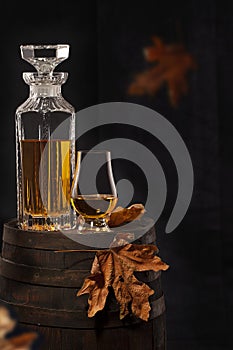 Glass of Scotch Whisky Neat and Fall Leaves