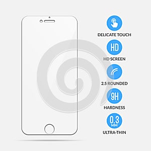 Glass screen protector. Vector screen protector for smartphone. Mobile cover accessory for display