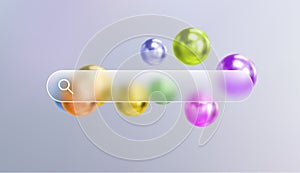 Glass search bar transparent web button. Website ui page frame design. Vector sign element design. Find form empty blur