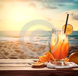 Glass with sex on the beach cocktail on wooden board against sunset seascape. Summer vacation concept. Created with generative Ai