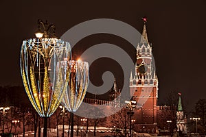 Glass-Shaped Street Lights and Spasskaya Tower at Night