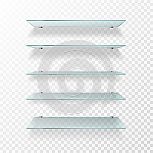 Glass shelves. Transparent wall product display, empty store shelving. Glass showcase isolated vector set