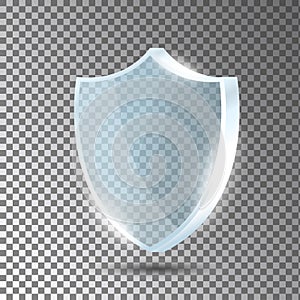 Glass shield. Blue acrylic security shield or plexiglass plate with gleams and light reflections. Concept of award trophy