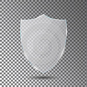 Glass shield on transparent background. Acrylic security shield or plexiglass plate with gleams and light reflections. Vector