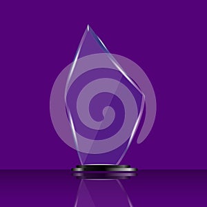 Glass shining trophy Isolated on violet background. Glass Trophy Award Vector illustration