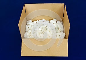 Wine glass in a shipping box with bio-degradable packaging peanuts photo