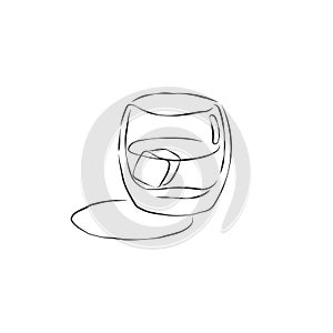 Glass shot whiskey with ice cube. Contour drawing of drink. Retro wineglass hand draw  design for any purposes. Restaurant