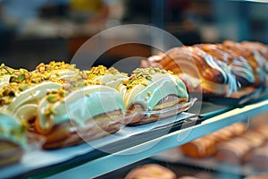 Glass showcase in cafe features delectable close up of chocolate cookies