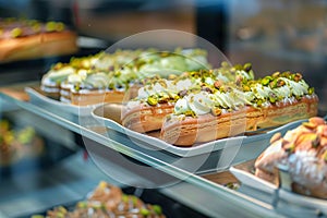 Glass showcase in cafe features delectable close up of chocolate cookies