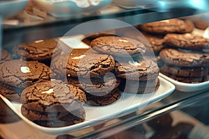 Glass showcase in cafe features delectable close up of chocolate cookies