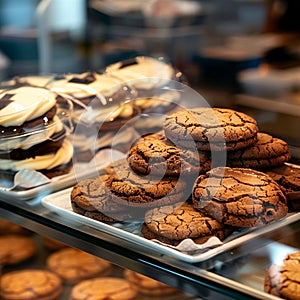 Glass showcase in cafe features delectable close up of chocolate cookies