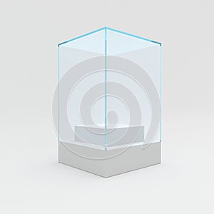 Glass showcase. Empty glass box with white podium for product isolated on white. 3d rendering exhibition and