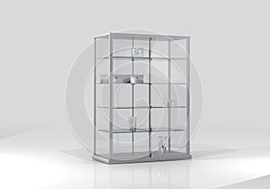 Glass showcase with light in a white room photo