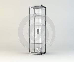 Glass showcase with light in a white room photo