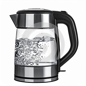 Glass and Silver Kettle with Boiling Water Bubbles on White Background