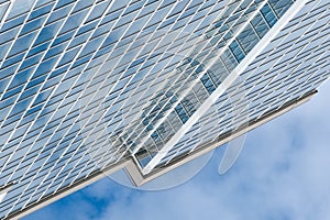 Glass skyscraper building against sky background square illustration