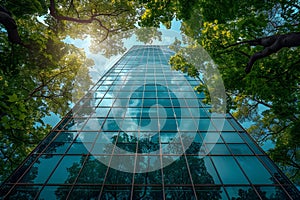 Glass skyscraper reflects green trees symbolizing ESG sustainability in urban development. Concept