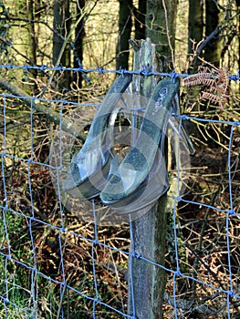 Glass slippers, old, hanging on barbed wire.