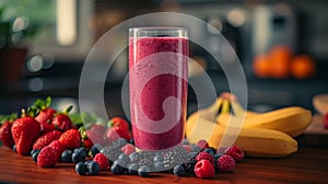 A glass of a smoothie with berries and bananas on the table, AI