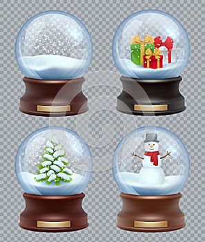 Glass snow ball. Crystallizing magical christmas toy snowglobe vector realistic template