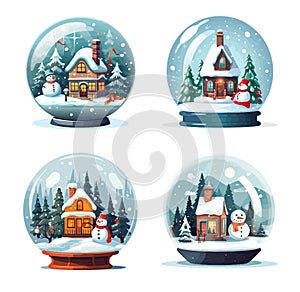 Glass snow globe Christmas decorative design. Podium under transparent glass dome with white snowdrift snow house glow garland