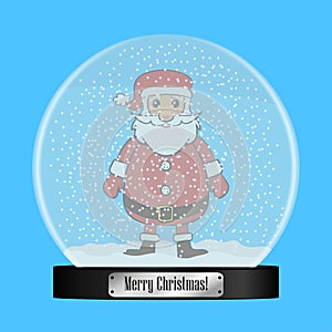 Glass snow globe with Santa Claus inside. Realistic snowglobe ball with flying snowflakes. Christmas gift, present. Vector.