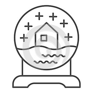 Glass snow globe thin line icon. Ball with snowy house souvenir symbol, outline style pictogram on white background