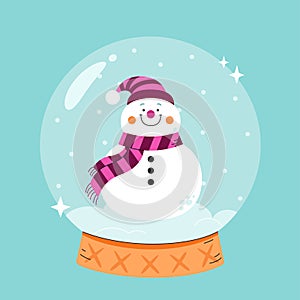 Glass snowball with a cute Snowman on a light blue background