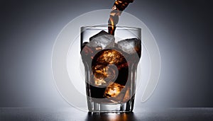 A glass of soda with ice and a straw