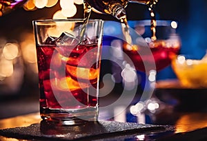 a glass with some fruit on it and drinks in glasses around the glass