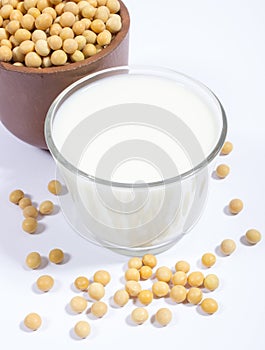 Glass of soy milk on white background.