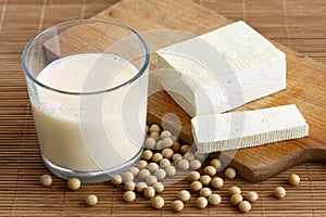 Glass of soya milk with froth on bamboo mat with spilled soya be