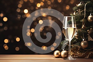 Glass of sparkling champagne and decorated Christmas tree. Christmas and New Year background, copy space. AI generated