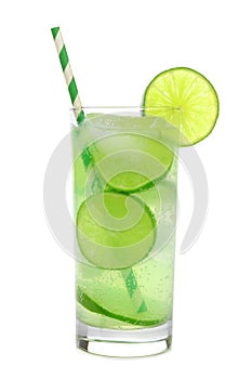 Glass of sparkling limeade isolated on white