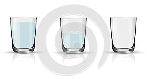 Glass of sparkling water, half full glass and empty glass