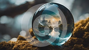 glass sphere on the beach ethereal fantasy concept art of masterpiece, best quality macro photo of Dry Nur waterfall