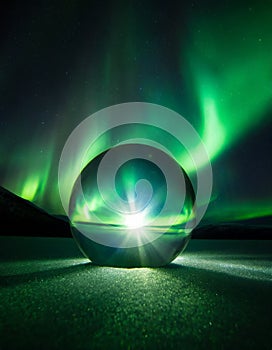 A glass sphere in front of northern light