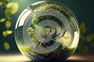 glass sphere and green tree inside. Earth Day. environment protection. let's take care of nature. Generative AI