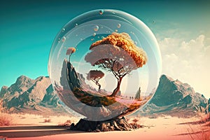 glass sphere and green tree inside on nature background. Earth Day. environment protection. l Generative AI