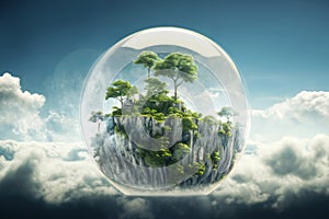 a glass sphere with a microcosm inside in the middle of the sky, a small fabulous island inside, with trees on a rock