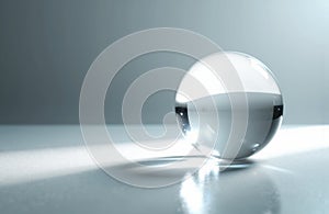 Glass sphere on reflective surface with soft gradient background and shadow