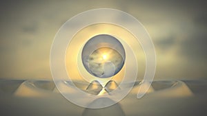 Glass sphere water waves on sunset bg 3d