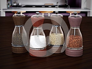 Glass spice grinders set standing on wooden table. 3D illustration