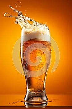 glass splash alcohol bubble fresh beer gradient cold background drink foam. Generative AI.