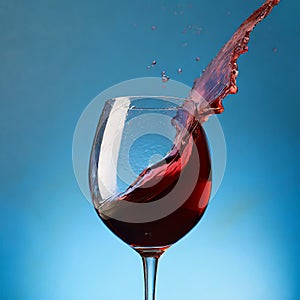 Glass of splashing red wine on blue background