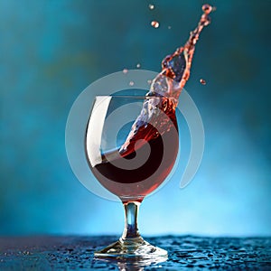 Glass of splashing red wine on blue background