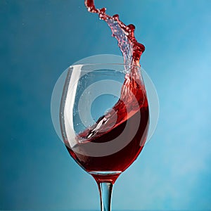 Glass of splashing red wine on blue background